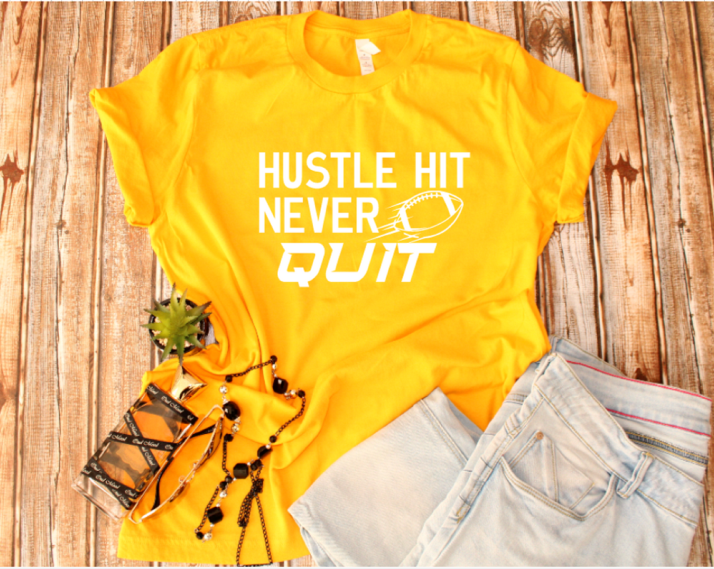 Hustle Hit Never Quit Football Tee